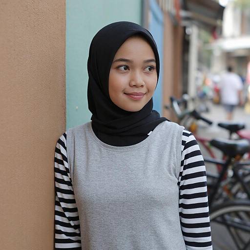 Asian Woman in Hijab Against Colorful Wall