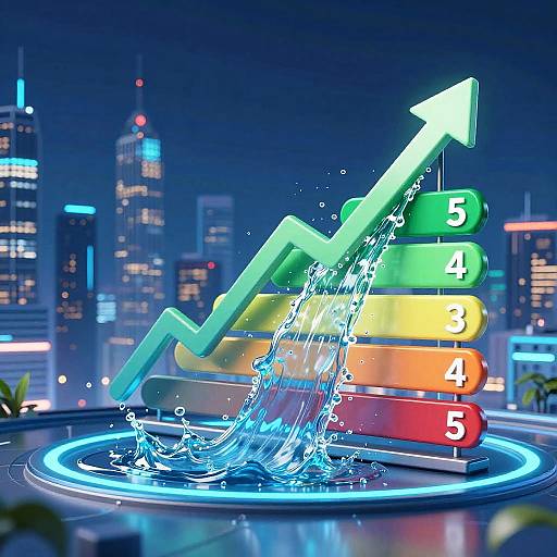 CGI image of a colorful, zigzagging arrow graph splashing water, set against a nighttime cityscape with illuminated skyscrapers.