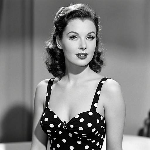 Black-and-white photograph of a 1940s-style woman with dark, wavy hair, wearing a polka dot dress, looking slightly to the