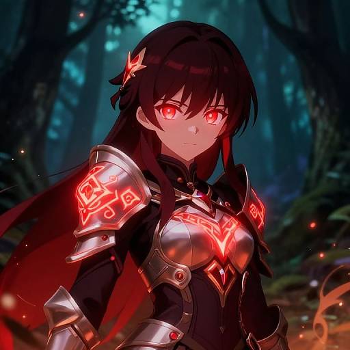 Digital anime-style drawing of a black-haired woman with glowing red eyes, wearing red-illuminated silver armor in a dark, enchanted forest.