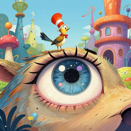Whimsical digital illustration of a bird with a red hat standing on a giant blue-eyed creature's eye, set against a colorful, fantastical city