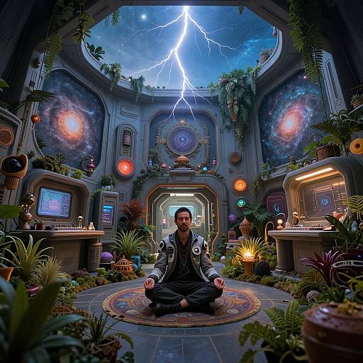 Digital art: Meditating man in futuristic, cosmic temple with vibrant plants, glowing orbs, and lightning bolt from starry dome ceiling.