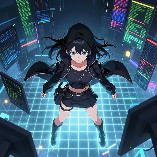 Digital anime-style drawing of a fierce, blue-eyed, black-haired girl in a black outfit, standing on a glowing grid floor in a neon-lit