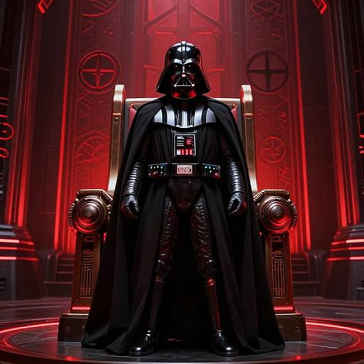 Photograph of Darth Vader standing on a red-lit throne, black armor and cloak, glowing red eyes, Sith temple background.