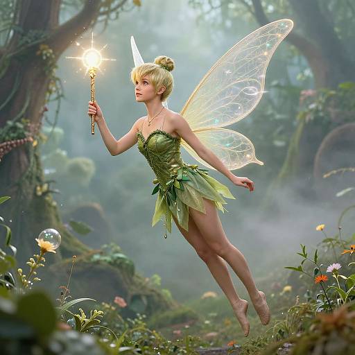 Digital fairy illustration: Green-haired fairy with translucent wings, green leaf dress, and glowing wand, floats in a mystical forest.