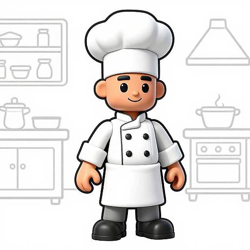 Cartoon-style digital drawing of a smiling male chef with tan skin, black eyes, wearing a white double-breasted jacket, tall hat, gray pants