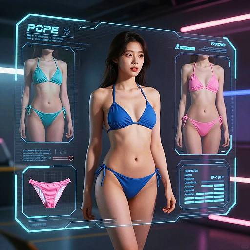 Photorealistic digital image of an Asian woman in a blue bikini, surrounded by holographic displays of blue and pink bikinis. Neon lights in the