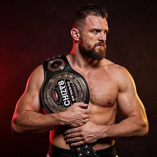 Photograph of a muscular, bearded male wrestler with a serious expression, holding a black UFC championship belt against a dark, red-lit background.