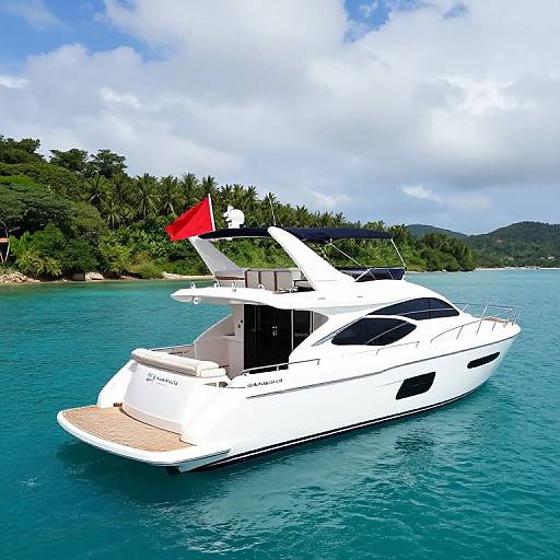 Photograph of a sleek white luxury yacht with a red flag, sailing on clear turquoise waters, surrounded by lush green islands under a partly cloudy sky.