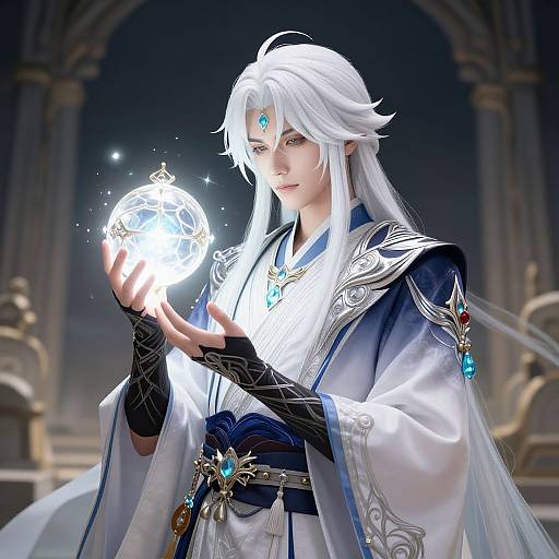 Digital art of a white-haired, blue-eyed anime character in ornate white and blue robes, holding a glowing, crystal orb in a dimly lit