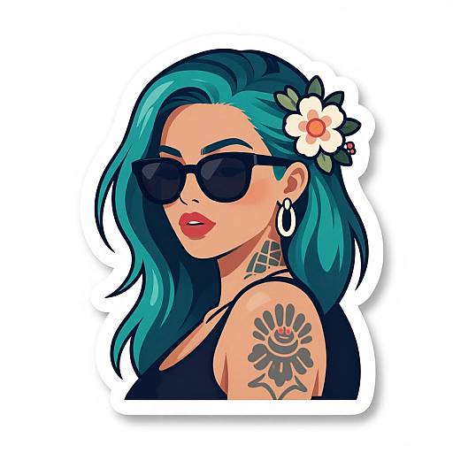 Digital illustration of a woman with teal hair, black sunglasses, flower hairpin, hoop earring, black tank top, sunflower tattoo, and confident