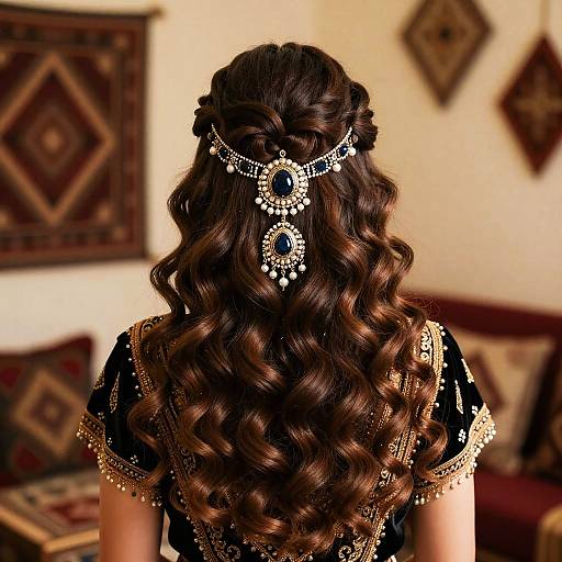Photograph of a woman with long, wavy brown hair adorned with intricate silver hair jewelry, wearing a black and gold embroidered top. Background includes pattern