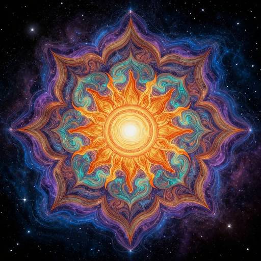 Vibrant digital art of a radiant, fiery sun with intricate, swirling blue, purple, and orange patterns against a starry night sky.