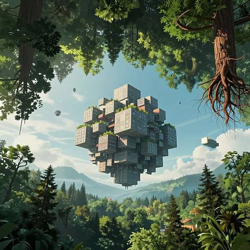 Digital artwork of a floating, cube-shaped city amidst a dense, lush forest with towering trees, clear blue sky, and distant mountains.