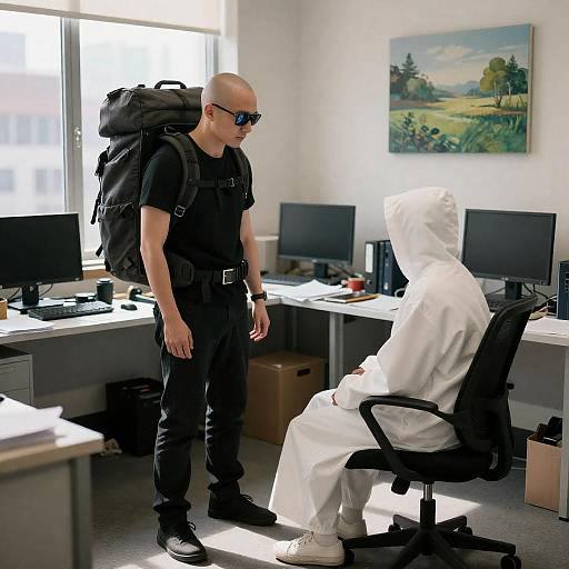 Bald Man with Headgear in Office