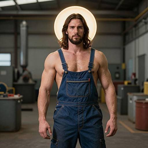 Photograph of a muscular, bearded man with long brown hair, wearing blue denim overalls, standing in a dimly lit industrial warehouse, halo