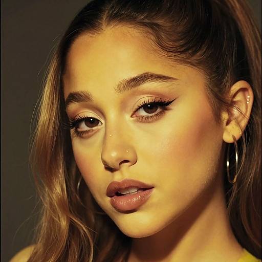 Close-up photograph of a young woman with light brown skin, full lips, and brown eyes, wearing hoop earrings and dramatic black winged eyeliner,