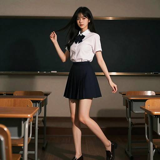 Photorealistic School Girl in Dark Classroom
