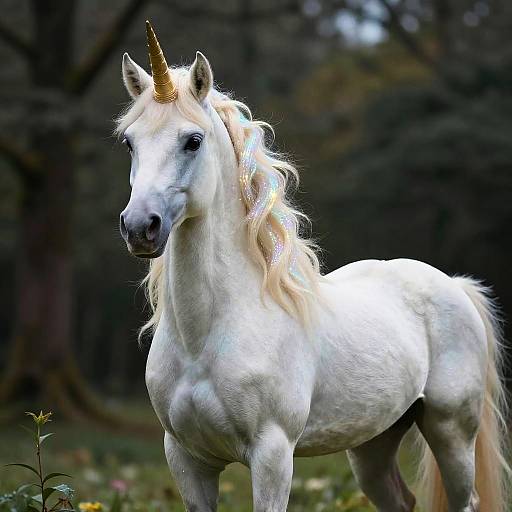 Photograph of a white unicorn with a golden horn, standing in a dark forest, its mane glowing slightly with sunlight.