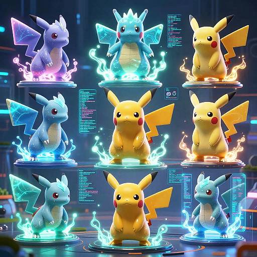 Digital CGI image of six Pokémon (Pikachu and Raichu) in glowing blue and yellow fire effects, standing on futuristic plates, with neon