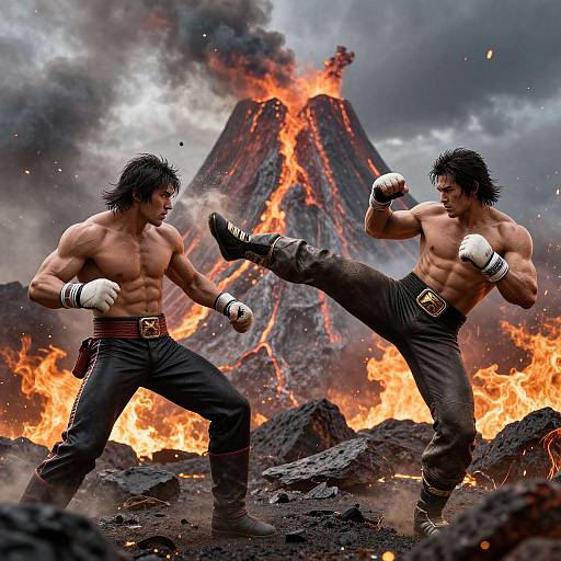 Photograph-like digital art of two muscular, shirtless men in boxing gloves and pants, kicking in a fiery, volcanic landscape.