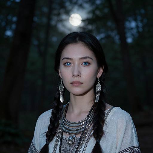 Photograph of a young woman with blue eyes, braided dark hair, wearing silver jewelry and a white embroidered top, against a dark, moonlit