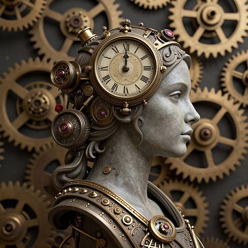 Steampunk marble bust with a large clock in its hair, surrounded by intricate golden gears in the background. Photorealistic CGI.
