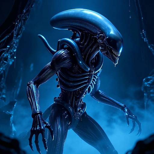 Photorealistic CGI of a blue-lit, muscular, alien creature with a glossy, elongated head and sharp claws, standing in a foggy