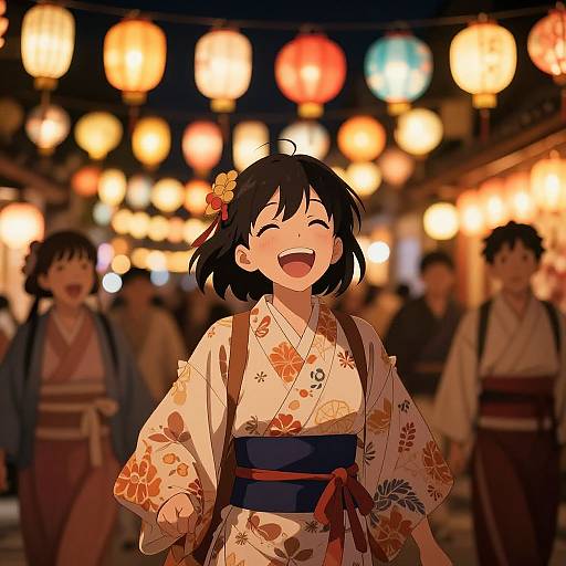 Anime Girls Laughing at Festival Night