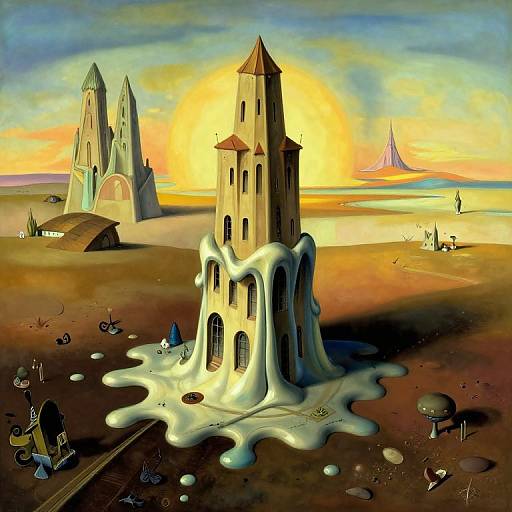 Digital surreal artwork: melting Gothic tower with dripping white substance, surrounded by desert landscape, two pointed spires, and colorful sunset.