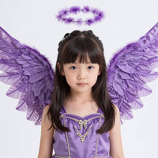 Photograph of an Asian young girl with black hair, purple satin dress, and large, detailed, feathery purple wings, wearing a halo,
