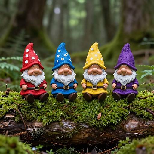 Photograph of four colorful garden gnome figurines with pointy hats, white beards, and belts, sitting on moss-covered log in a forest.