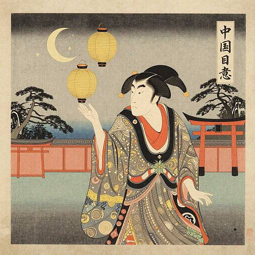 Traditional Japanese woodblock print of a woman in ornate kimono lighting paper lanterns under a moonlit sky, with torii gate and trees in