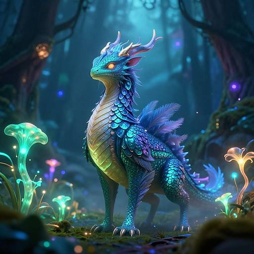 Digital art of a glowing blue dragon with iridescent scales, standing in a mystical forest illuminated by bioluminescent mushrooms.