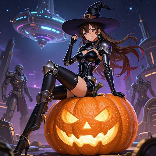 Digital anime-style illustration of a seductive witch in black armor, thigh-high boots, and hat, sitting on a glowing jack-o'-lantern in