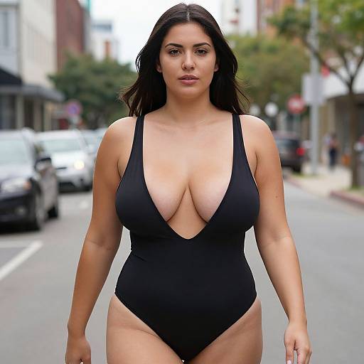Photograph of a curvy woman with dark hair, wearing a deep V-neck black one-piece swimsuit, walking on a city street.