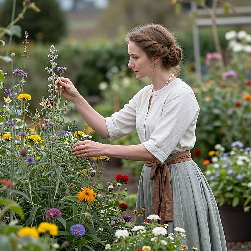 Photograph of a fair-skinned woman with brown hair in a braid, wearing a white blouse and green skirt, tending a vibrant, colorful