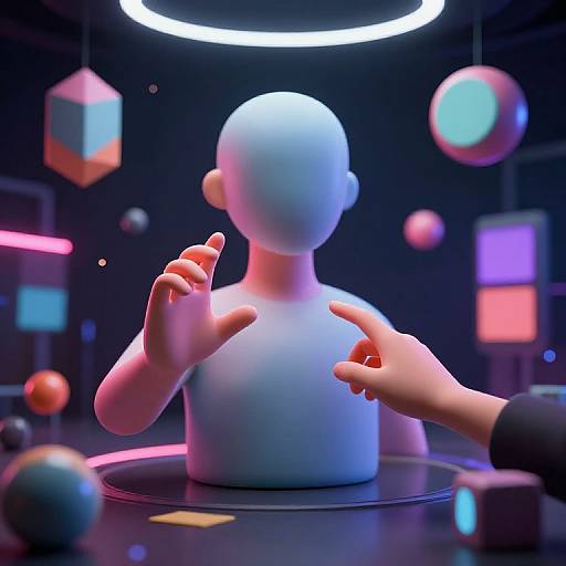 CGI image of a featureless, white, humanoid figure with raised hands, interacting with a hand in a neon-lit, futuristic room.