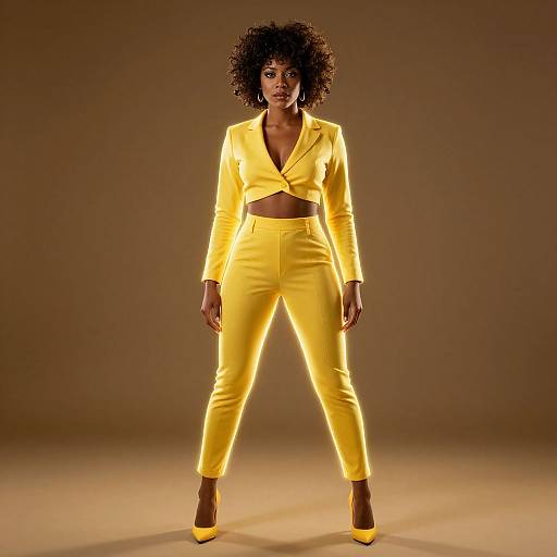 Photograph of a confident Black woman with curly hair, wearing a bright yellow blazer and pants, yellow heels, against a brown backdrop.