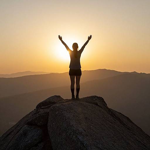 Silhouetted hiker with arms raised on rocky peak, sunset behind, orange and yellow sky, mountains in distance, photograph.