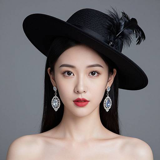 Photograph of an Asian woman with fair skin, long black hair, wearing a black wide-brimmed hat with a feather, red lipstick, and