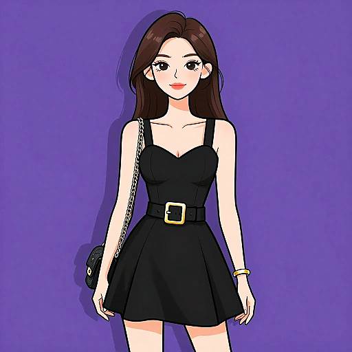 Digital anime-style drawing of a young woman with long brown hair, wearing a black sleeveless dress, belt, and chain purse, against a solid purple