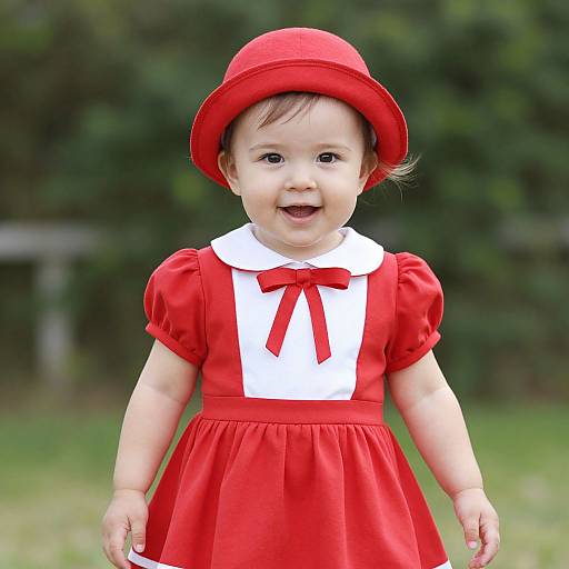 Photograph of a smiling Asian baby girl wearing a red dress with white chest panel, red bow, and matching red hat, standing outdoors against a blurred