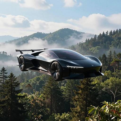 Futuristic Black Flying Car Over Forest