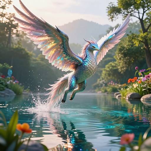 Digital illustration of a radiant, iridescent dragon with outstretched wings, mid-flight over a sparkling, colorful garden pond at sunset.