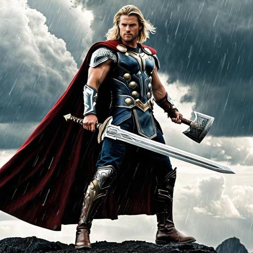 Armored Warrior with Sword and Axe in Stormy Weather