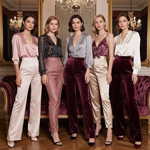 Photograph of five women in elegant, satin and velvet pantsuits, standing in an opulent room with gold mirrors and chandeliers.
