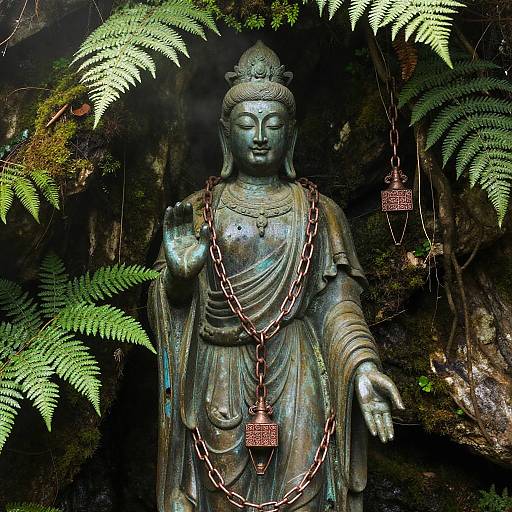 Photograph of a bronze Buddha statue adorned with chains and small bells, surrounded by lush green ferns in a dark, forest-like setting.