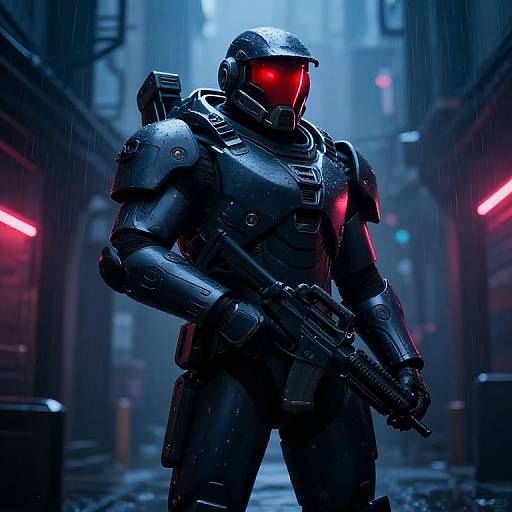 Cyberpunk soldier in black armor with glowing red eyes stands in a rainy, neon-lit alley holding a gun. Digital artwork.