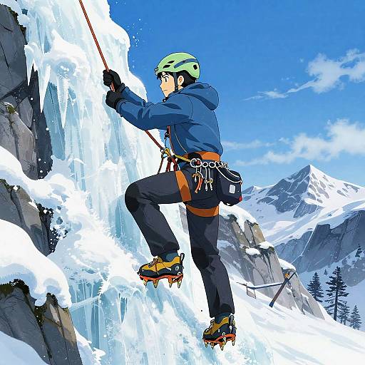 Dynamic Ice Climber on Frozen Waterfall